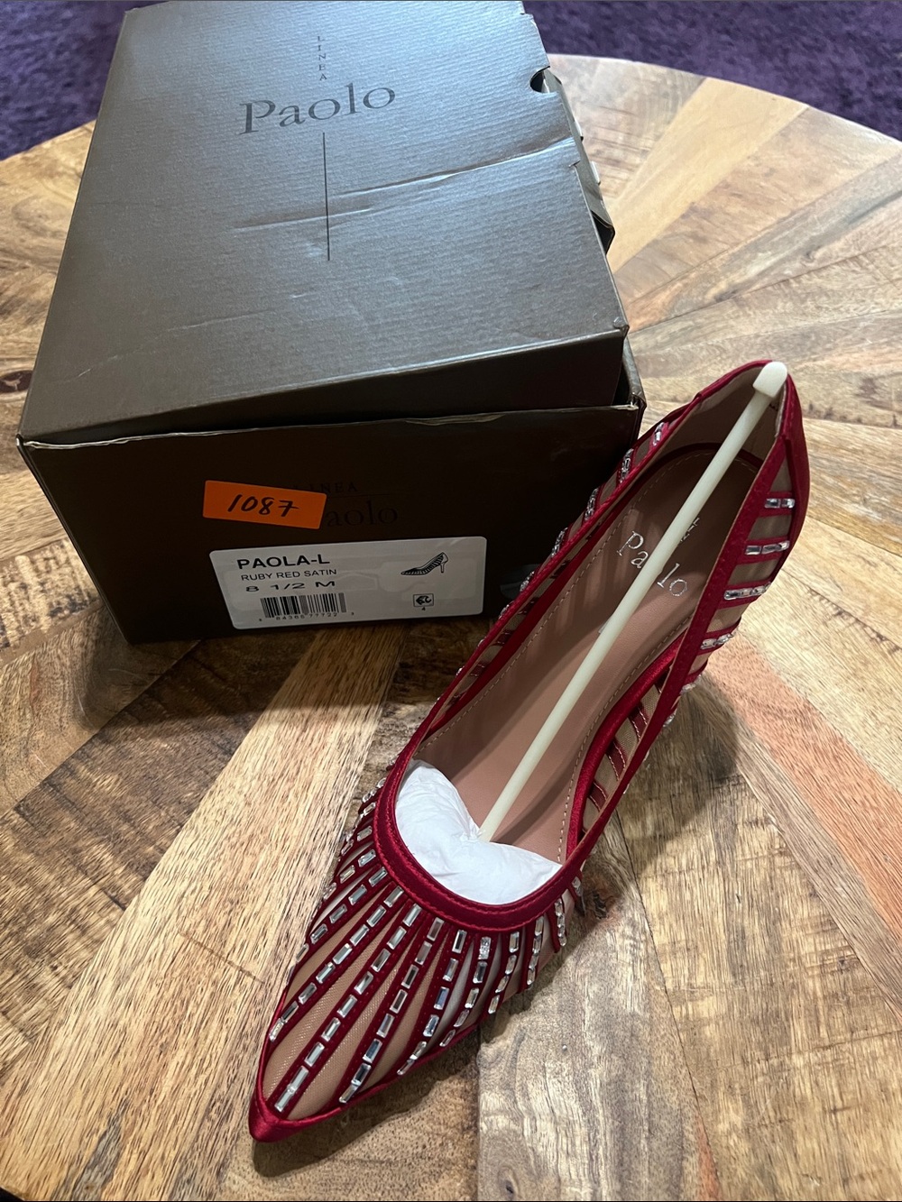 Paolo Ruby Red Satin & Mesh Jeweled Pointed Toe Heels